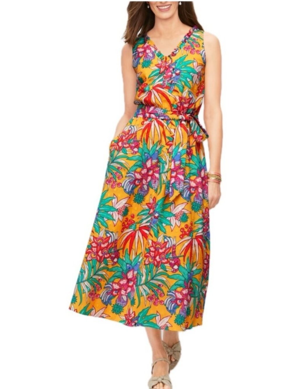 Talbots Tropical Print Sleeveless Belted Fit & Flare Midi Dress in Women's 16P